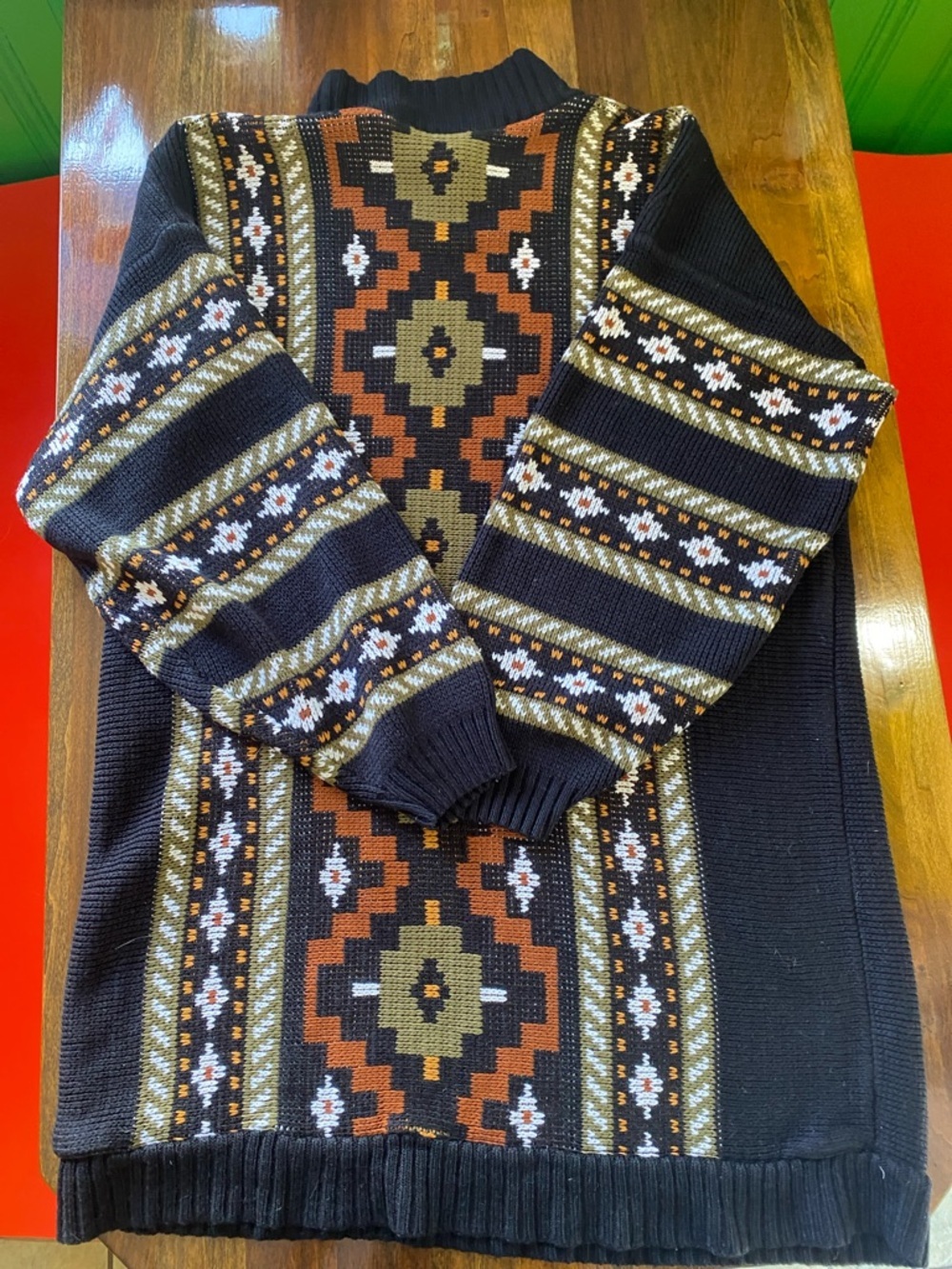 Black Turtleneck Tunic Sweater with Earth-Tone Fair Isle Pattern - Picture 4 of 4